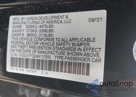 2021 Honda Accord Sport from USA, damaged, VIN 1HGCV1F32MA110555